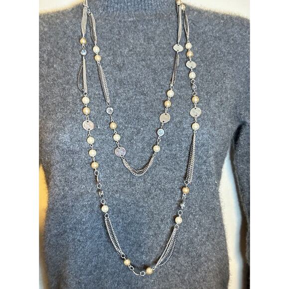 Express Two Layer Long Disk Bead Black Silver Tone Chain - Picture 1 of 6